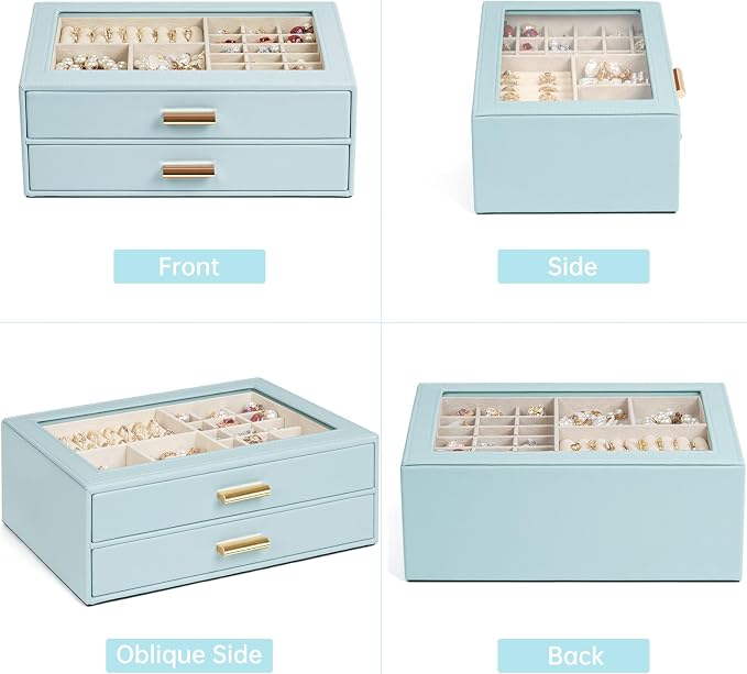 AKOZLIN Jewelry Box with Clear Lid Functional Leather Jewelry Storage Organizer Case 2 Drawers for Women Girls Necklace Ring Bracelet Earring