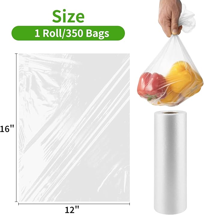 12”×16” Clear Plastic Produce Bags Roll, Food Storage Bags for Bread, Vegetables, Fruits, Refrigerator Storage, Kitchen,350 Pcs/Roll.