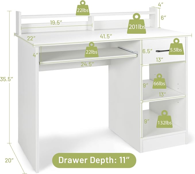 Tangkula White Desk with Drawer & Keyboard Tray, 22 Inch Wide Modern Study Writing Desk with Desktop Hutch & Storage Shelves, Home Office Desk for Teens, Wood PC Laptop Desk, Desk for Bedroom