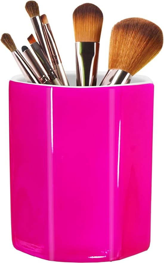 Pen Holder, Makeup Brush Holder Ceramic Shiny Gold Spring Floral Pattern Pencil Cup for Girls Kids Women Durable Stand Desk Organizer Storage Gift for Office, Classroom, Home (Hot Pink)
