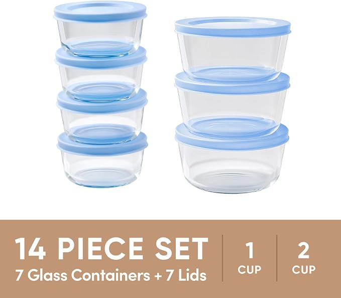 14-Piece Glass Food Storage Containers Set (7 Containers + 7 BPA-Free Lids) | 1-Cup & 2-Cup, Leakproof | Microwave, Freezer, Oven & Dishwasher Safe | Ideal for Meal Prep & Pantry Organization, Blue