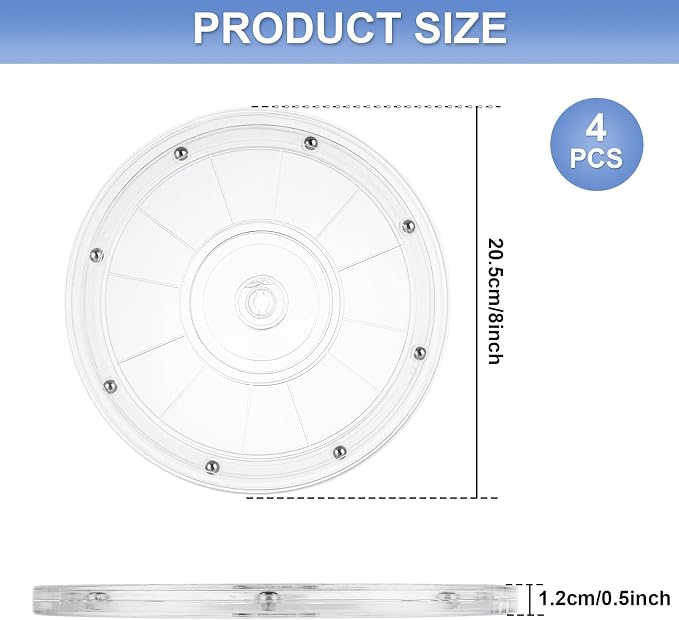 WOPPLXY 4 Pcs 8 Inch Lazy Susan Turntable Acrylic Ball Bearing Rotating Tray, Clear Turntable Organizer, Rotating Base Clear Acrylic Plates for Pantry, Cabinet, Spices, Makeup, (360˚ Rotation)