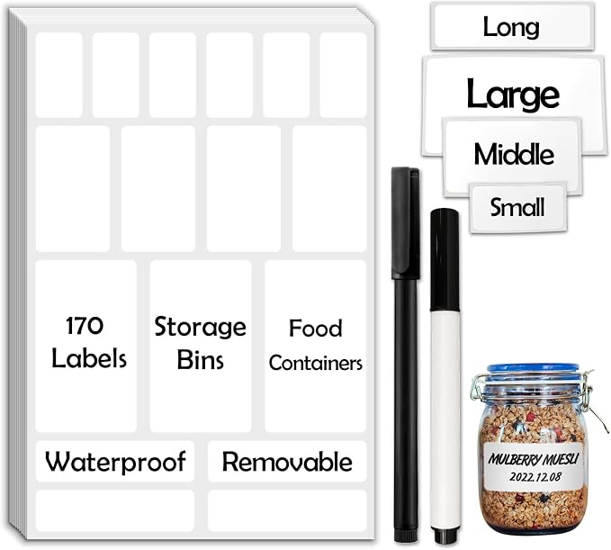 JIEHENG 170Pcs White Removable Labels for Jars,for Storage Bins,for Food Containers with 2 Liquid Chalk Marker(White)