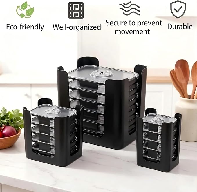 Black 3 Pack Food Container Lid Organizer for Rubbermaid Brilliance | Stackable Lid Holder for Kitchen Cabinet Storage & Pantry Organization, Fits 0.5, 1.3, 3.2, 4.7 Cup Lids, Holds 24 Lids