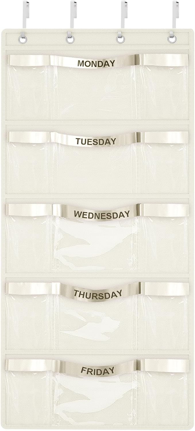 Weekly Hanging Closet Organizer for Kids,Day of Week Kids Clothes Organizer,School Clothing Storage Monday to Friday Hanging Closet Organizer Shelves for Bedroom,Bathroom,Dorm (Beige)