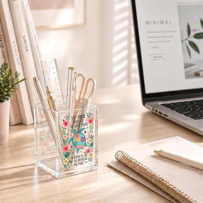 Funny May You Be Proud Of The Work You Do Acrylic Pencil Holder Cup | Inspirational Gifts for Women Coworker Turtle Lover, Appreciation Retirement New Job Gifts for Teacher Nurse Employee