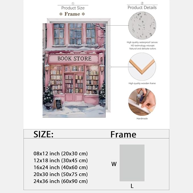 Winter Bookshop Snowy Art Aesthetic Poster Canvas Wall Art Decoration Living Room Home Decor Bedroom Decoration Poster Framed8x12inch