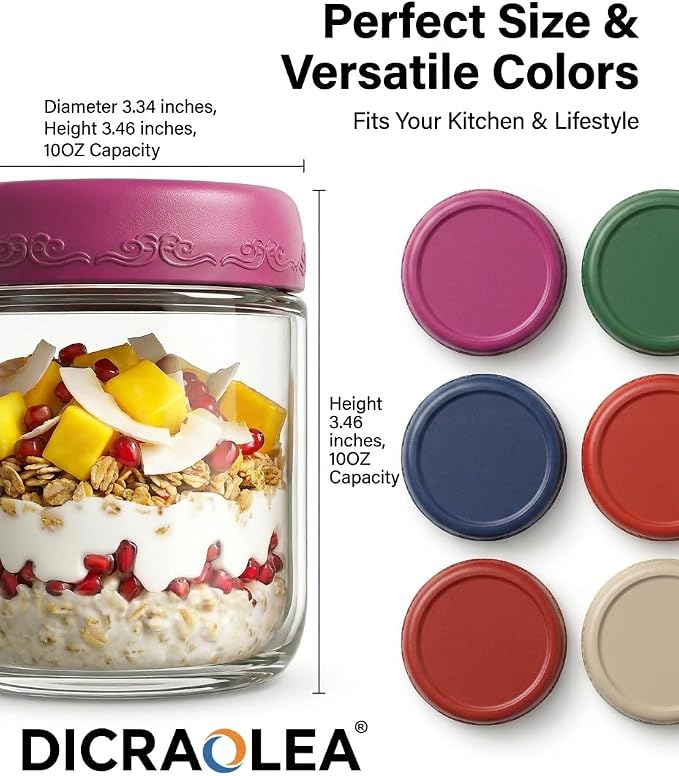 10oz 4Pack Glass Overnight Oats Jars Containers with Airtight Leakproof Lids, Reusable Mason Jars for Meal Prep, Yogurt Parfaits, Smoothies, Salads & Healthy Breakfasts (10 OZ-4-1)