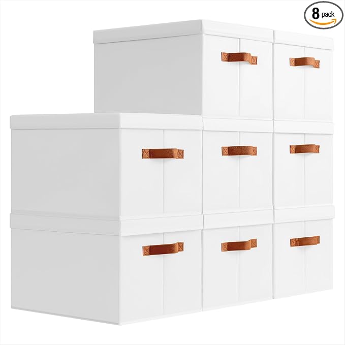 Homsorout Storage Bins with Lids - Large Fabric Closet Bins with Lid, 8 Pack Clothes Organizers and Storage, Collapsible Stackable Cube Basket for Home, Office, Dorm, White