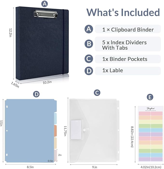SKYDUE Clipboard Binder with Dividers,1 Inch 3 Ring Binder with Clipboard on Front, Clipboard Folder with Pocket, Labels Office Supplies Blue