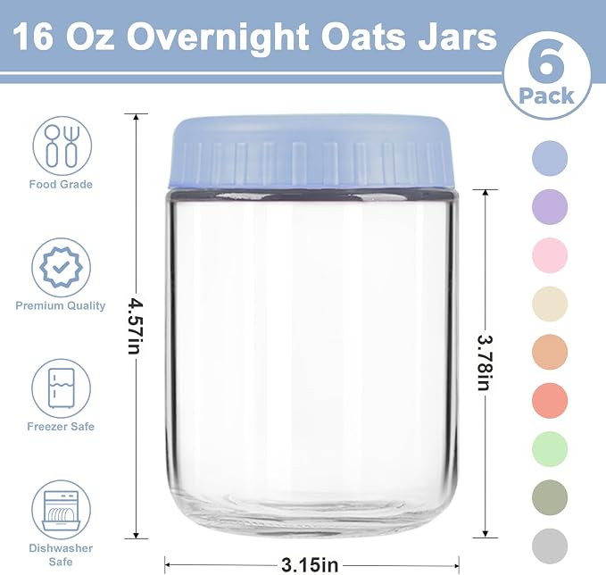 Overnight Oats Containers with Lids, 16oz Wide Mouth Mason Jars with Lids, 6 Pack Glass Jars with Airtight lid for Chia Pudding Yogurt Salad, Meal Prer Oatmeal Jars, Blue