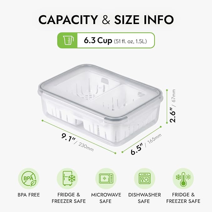 carrotez 6.3 Cup Produce Saver Container for Fridge with Colander - 1.5L | Airtight Fruit & Vegetable Storage Bin, Removable Strainer Basket, BPA-Free, Stackable, White Colander