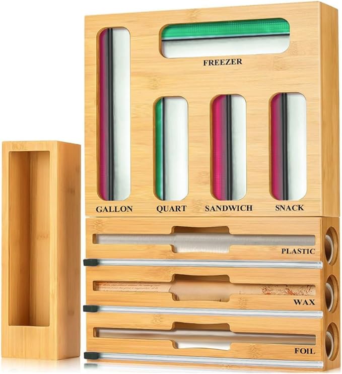 KALUHA Ziplock Bag Organizer Bamboo 9-in-1 | Gallon Quart Sandwich Snack Baggie Organizer for Drawer | Aluminum Foil Plastic Wrap Wax Paper Organizer | Zip Lock Bag Organizer for Kitchen Storage