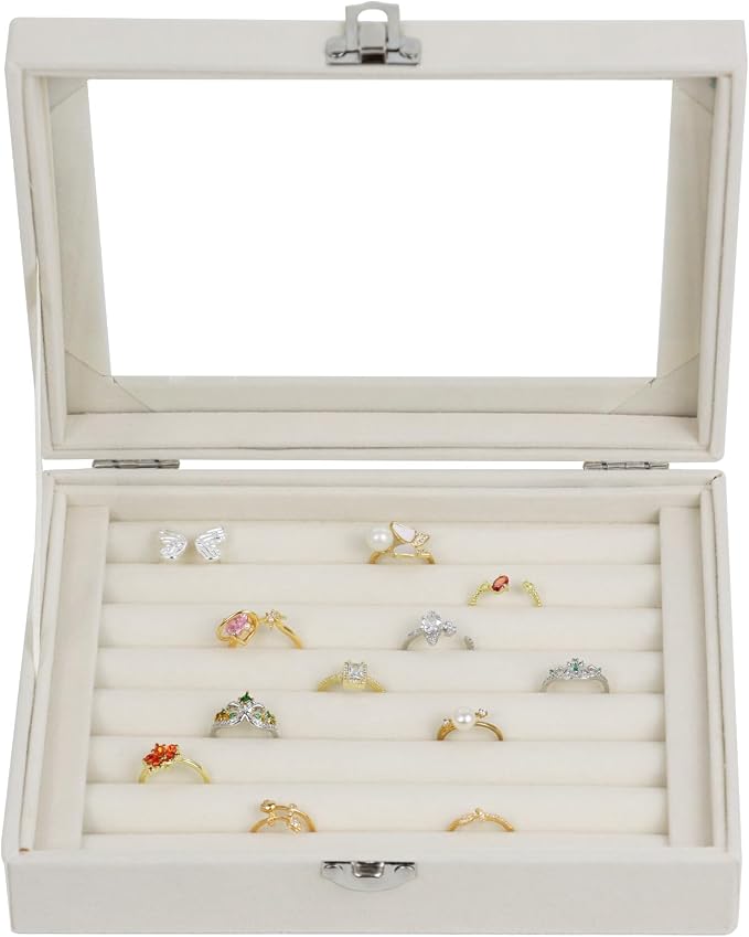 Fordonral Velvet Jewelry Organizer Box, Jewelry Drawer Organizers Trays, Earring Ring Necklace Holder Display Case (Beige, Ring Box)