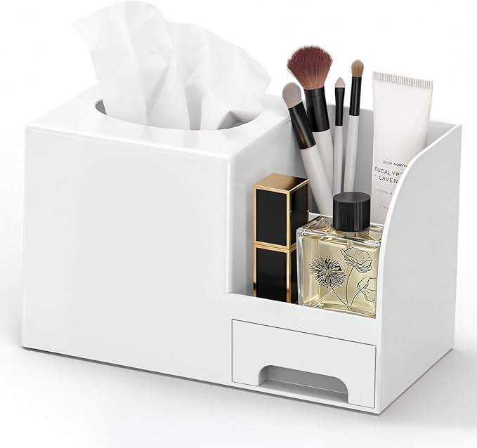 Chintu Makeup Brush Tissue Holder, Acrylic Makeup Organizer, Desk Organizer for Dorm, Bathroom Drawer Organizers and Storage, Countertop Makeup and Tissue Organizer Vanity, White
