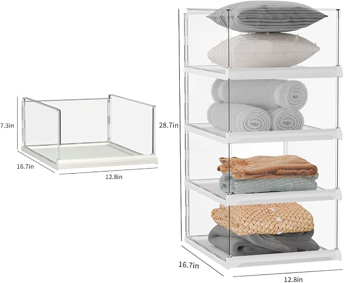 Vaela 4 Pack Stackable Closet Organizers and Storage Shelves,Transparent Multifunctional &Foldable Sweater Storage for Closet, Bathroom, Kitchen, Cupboard, Laundry Room, and Office