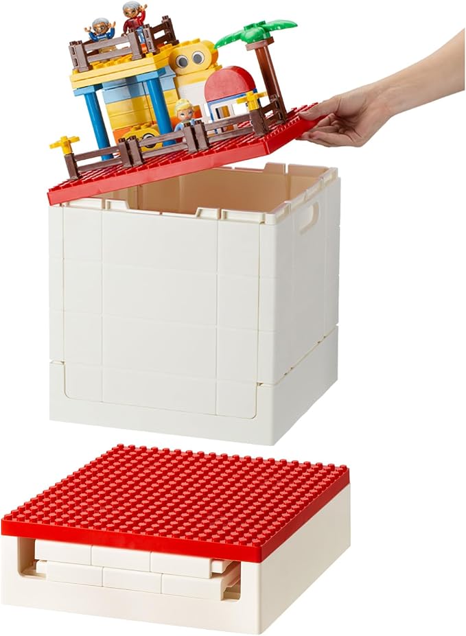 SHIMOYAMA Collapsible Storage Box with Building Baseplate Lid for Duplo Blocks, 26 Qt. Stackable Bricks Storage Bins for MEGA BLOKS, 25L Folding Utility Container for Lego Duplo Bricks, Red