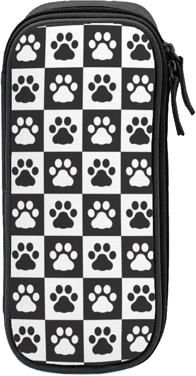 Perinsto Black And White Checkered Dog Paws Pencil Case Big Capacity Multi Compartment Stationery Box Pencil Pouch Holder Desk Organizer For School Office Home