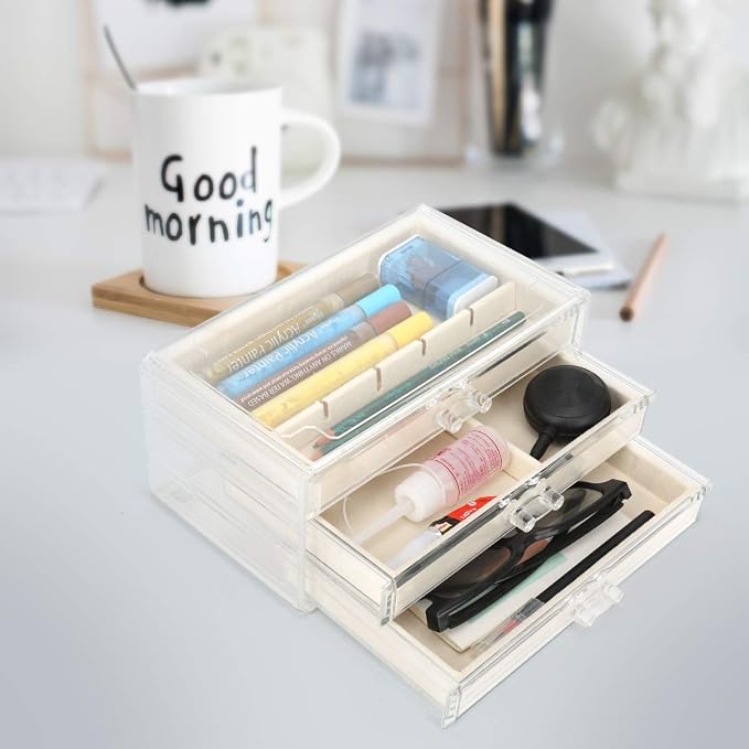 FEISCON Acrylic Jewelry Organizer Makeup Cosmetic Storage Organizer box | Storage Organizer box Clear Jewelry Case with 3 Drawers Adjustable Jewelry Box Velvet Trays grid size
