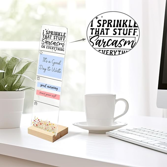 Sticky Note Holder, Monitor Memo Board, Acrylic Post It Note Holder with Wooden Base, Includes 200 Notes, Desk Organizer Funny Sarcasm Quote