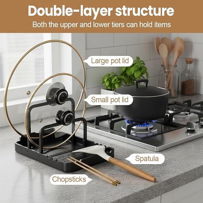 MiOYOOW Pot Lid Holder, Chopping Board Rack with Spoon Rest Non-Slip Pan Organiser for Baking Tray Cookware Kitchen Barbecue