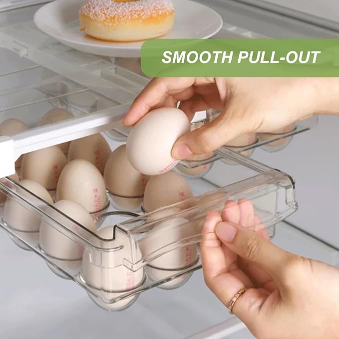 2 Pack Fridge Drawer Organizer - Egg Holder For Refrigerator Pull Out | Transparent Deli Drawer Organization Bin - Meat, Cheese - Sliding Storage Containers for Fridge Shelf Under 1.1"
