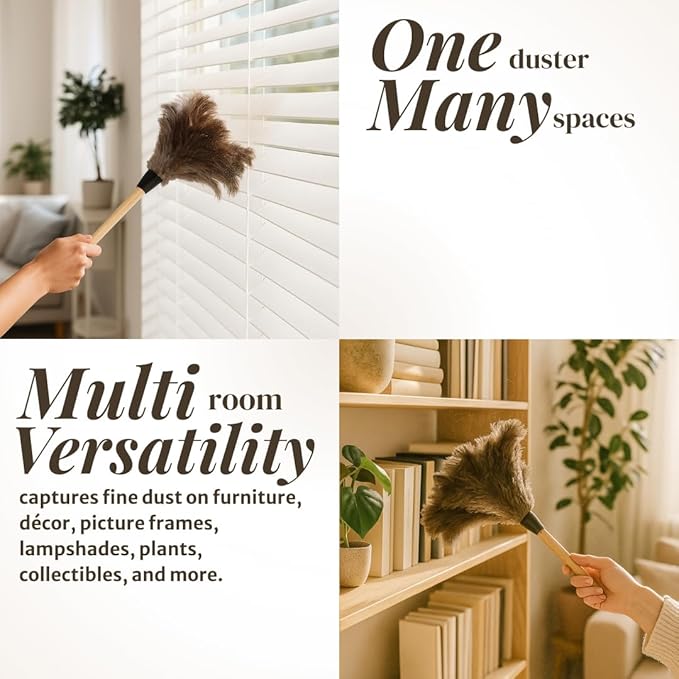 Feather Duster with Ostrich Feathers Wooden Handle 14" – Natural Reusable Duster for Cleaning, Furniture & Shelves, Blinds, Ceiling Fan, Dusting Tool for Home, Office, Delicate Surfaces - 2 Pack