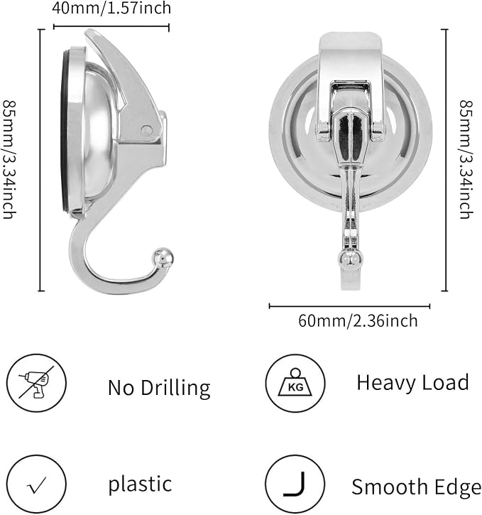 Heavy Duty Vacuum Suction Cup Hooks, Silver Plated Polished ABS Plastic and TPU Rubber Super Suction for Kitchen Bathroom, 1 Pack