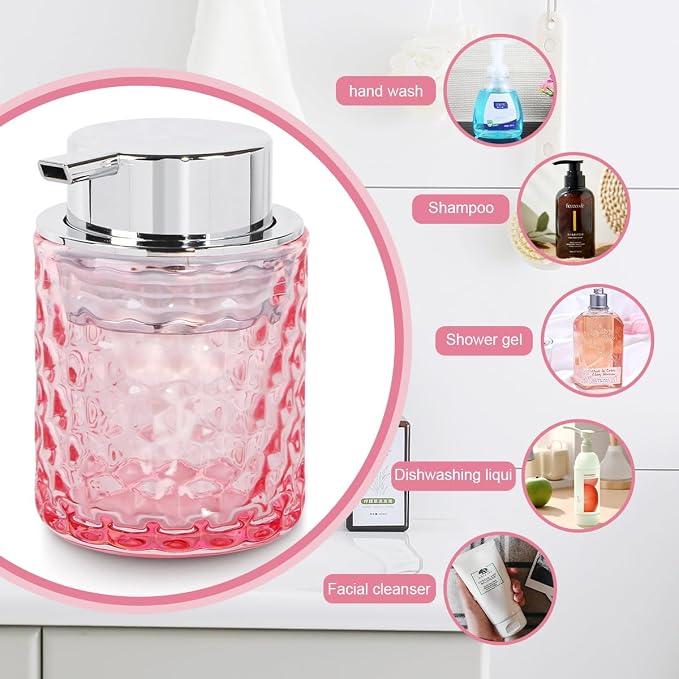 10 Oz Glass Hand Soap Dispenser with Pump, Refillable Bathroom Gold Foaming Soap Dispenser, Vintage Glass Diamond Lotion Container Bottle for Bathroom and Kitchen (1, Pink and Silver)