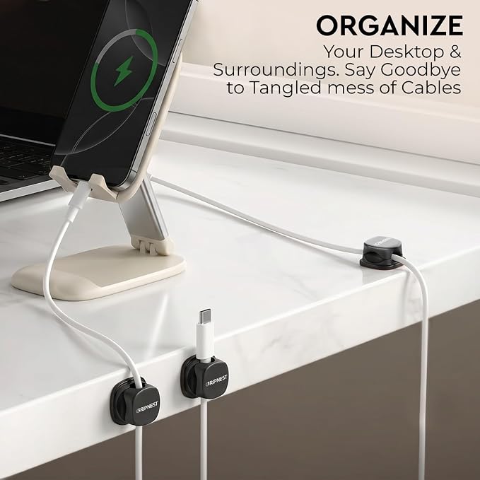 Cable Clips, 12 Pack Rotatable Cord Organizer with Adhesive | Strong Adhesive • 360° Rotatable • Keeps Cables Tangle-Free • For Desk, Car, Wall & Nightstand