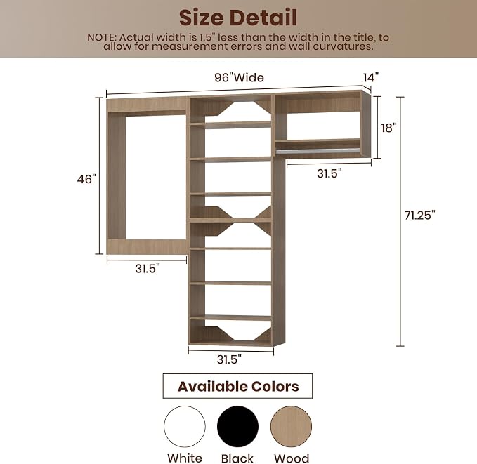 ROOMTEC Modular Closet System, 96" Wall-Mounted Closet Organizer with Hanging Rods, Modern Wooden Tower for Walk-In Closets, Wardrobe Storage Kit, Wood