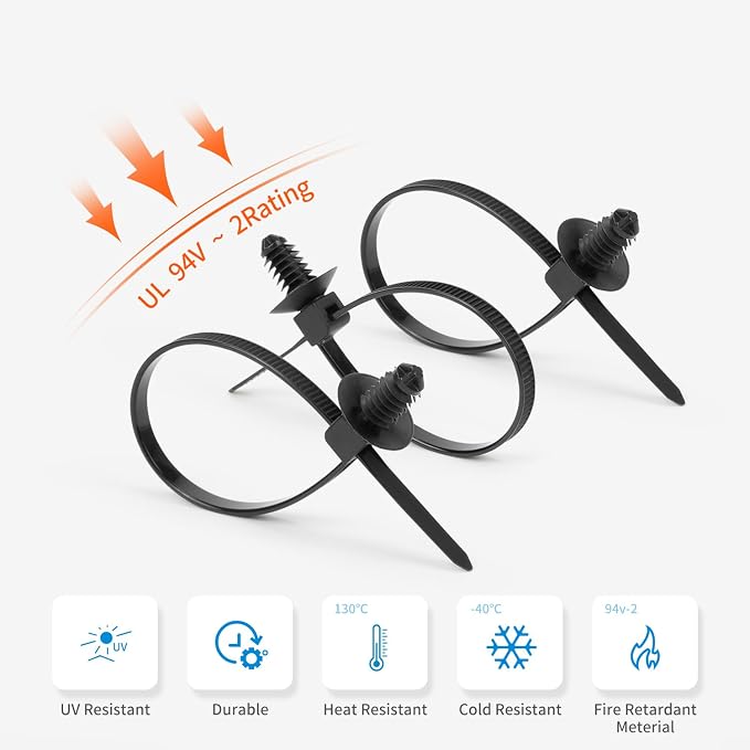 Armpow 210 PCS Automotive Installation Black Push Mount Cable Zip Ties Assorted Sizes, Heavy Duty Self-Locking UV Resistant Wire Ties - For Indoor Wire Bundling, Construction, Automotive