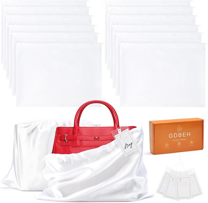 12 Pack Dust Bags for Handbags Travel Storage Pouch Silk Cloth Bag | Drawstring Large Storage Pouch for Handbag Purse Shoes Boots, White 23.6x19.6 Inch