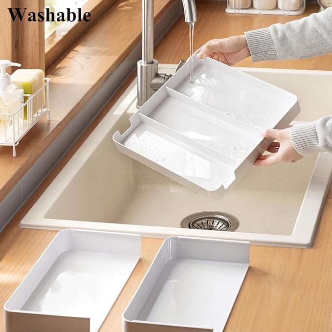Shallow Drawer Organizer (1.57" H), Modular Expandable Desk Divider (Width 10.6"-17.9" OR Length 16.1"), Detachable Tray for Office Stationery, Makeup, Kitchen Utensils, White