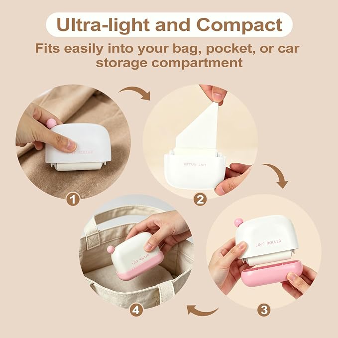 Disposable Mini Lint Roller with 4 Refills, PinkWhite | Portable, Easy Tear Residue-Free, Pocket-Sized for Travel Clothes, Furniture, Carpets, Pet Hair Remover, Fits in Wallet Bag