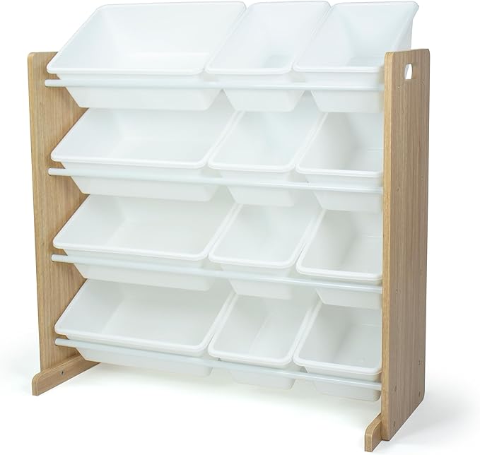 Humble Crew Kids Toy Storage Organizer with 12 Plastic Bins, Natural Wood/White – Removable Bins for Playroom, Bedroom, Toddler Furniture for Boys and Girls Ages