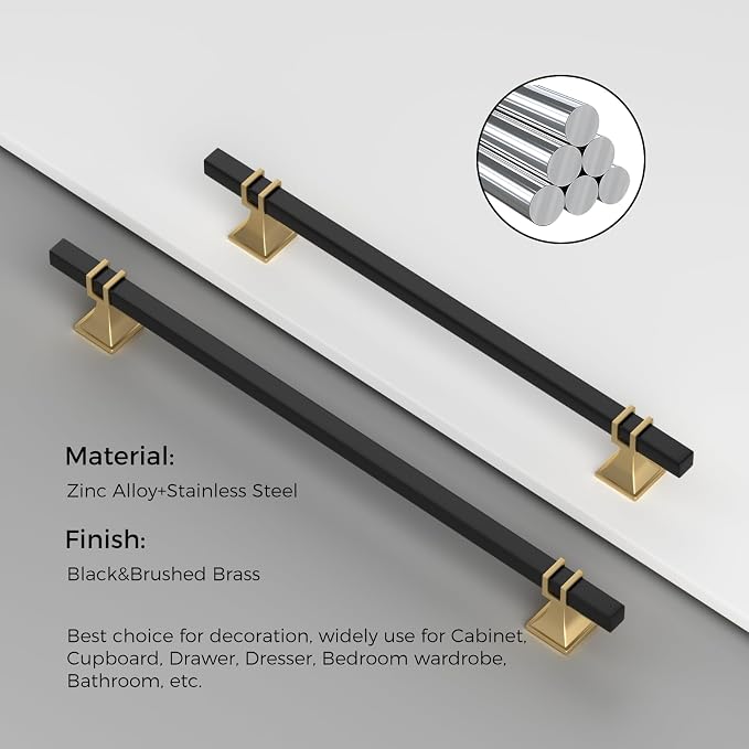 25 Pack 10 Inch (256mm) Black and Gold Cabinet Pulls Kitchen Cabinet Handles, Black and Gold Cabinet Handles Square Dresser Drawer Pulls Black Kitchen Cabinet Hardware
