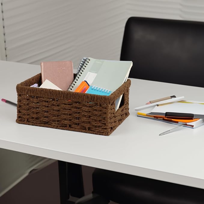 Wicker Baskets, Baskets for Organizing, Rattan Woven Basket for Storage, Organizer Bins with Built-in Handles, Storage Basket for Shelves (Paper Rope, Small)