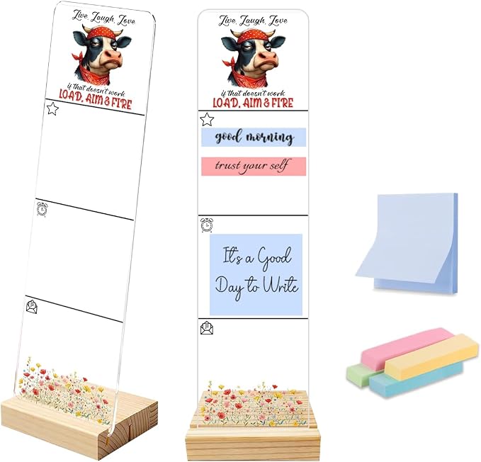 Sticky Note Holder, Monitor Memo Board, Acrylic Post It Note Holder with Wooden Base, Includes 200 Notes, Desk Organizer, Funny Cow Quote “Live Laugh Love Load Aim & Fire”