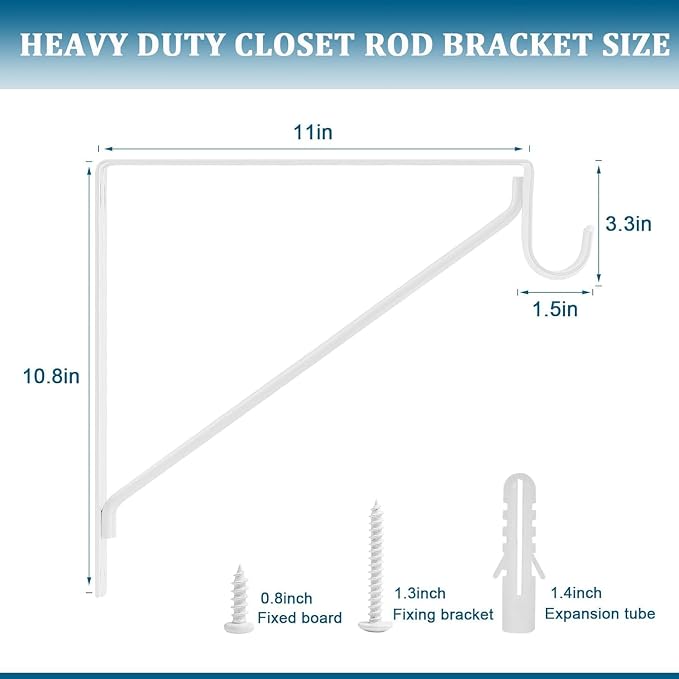 10PCS Heavy Duty Closet Rod Bracket, 11 x 11 Inch Closet Shelf Brackets,Supports 300 lbs,Wall Mount Closet Rod Supports Bracket Hook with Screws, Closet Rod Holders for Home and Closet Decor(White)