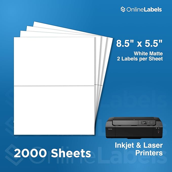 8.5 x 5.5 Half-Sheet Shipping Labels - Permanent, White Matte - for FBA, FedEx, UPS - Pack of 4,000 Labels, 2,000 Sheets - Inkjet/Laser Printers - Online Labels