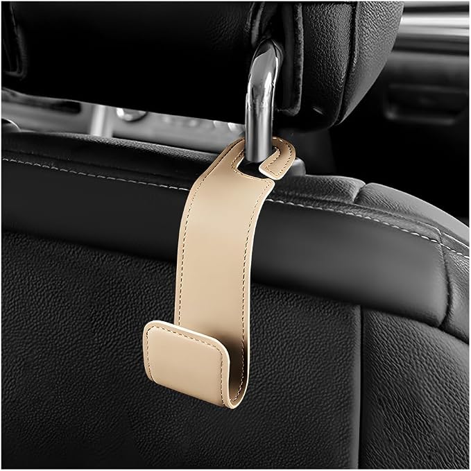 Car Seat Headrest Hook, Microfiber Leather Hanger Holder Hook for Hanging Purse and Bag, Universal Vehicle Back Seat Organizer Hook for Grocery Bag Handbag Coat (Beige)