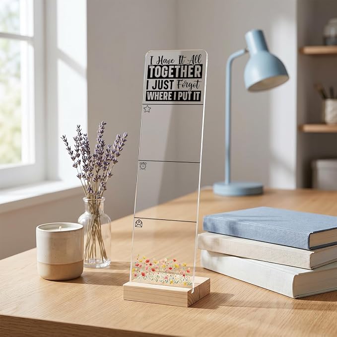 Sticky Note Holder, Monitor Memo Board, Acrylic Post It Note Holder with Wooden Base, Includes 200 Notes, Desk Organizer Funny Forgetful Quote