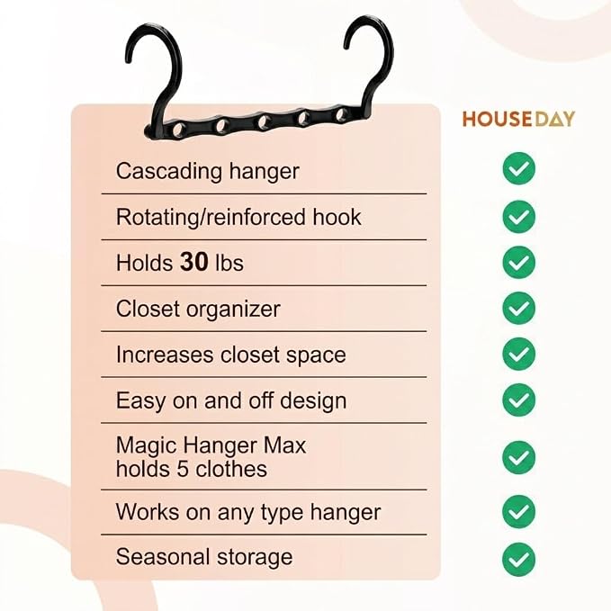HOUSE DAY 10 Pack Space Saving Hangers, Black, Premium Smart Hanger, Closet Organizers and Storage, Sturdy Cascading Hangers with 5 Holes for Heavy Clothes, College Dorm Room Essentials