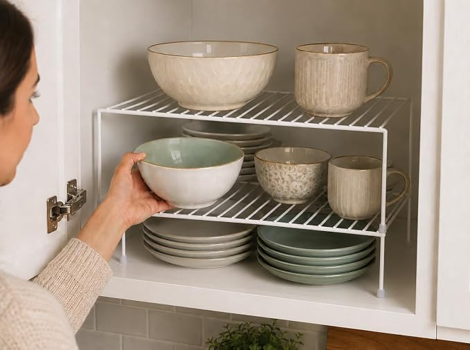 3 Piece White Kitchen Cabinet Metal Shelves Organizer Set –Stackable Steel Wire Storage Rack for Pantry Countertop, Cupboard Dish Storage & Space Saving Kitchen Organization Shelves