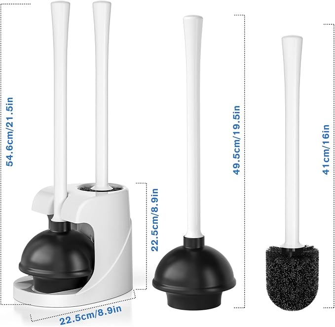 Toilet Plunger and Brush, Bowl Brush and Heavy Duty Toilet Plunger Set with Ventilated Holder, 2-in-1 Bathroom Cleaning Combo with Modern Caddy Stand for 5.7-inch Toilet Drain(White, 2 Set)