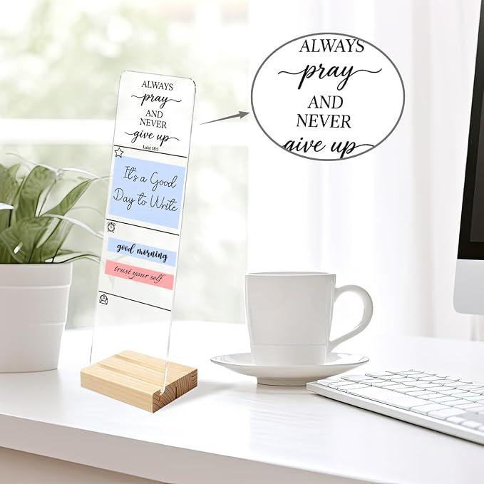 Sticky Note Holder, Monitor Memo Board, Sticky Note Board for Desk, Acrylic Desk Buddy with Wooden Base, Includes 200 Notes, Religious “Always Pray and Never Give Up Luke 18:1”