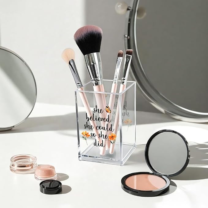 She Believed She Could So She Did Acrylic Cosmetic Pencil Pen Holder Cup, Motivational Desk Organizer Accessories for Home Office Decor, Graduation Inspirational Gifts for Women Girl Coworker