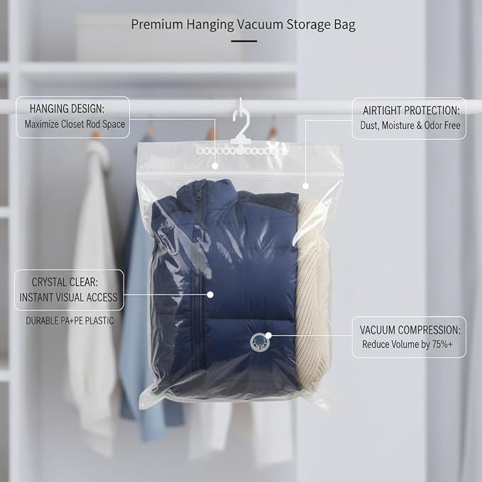 Hanging Vacuum Storage Bags for Closet, Clear Compression Garment Covers for Coats & Suits, Space Saving Organizer (1 Pack)