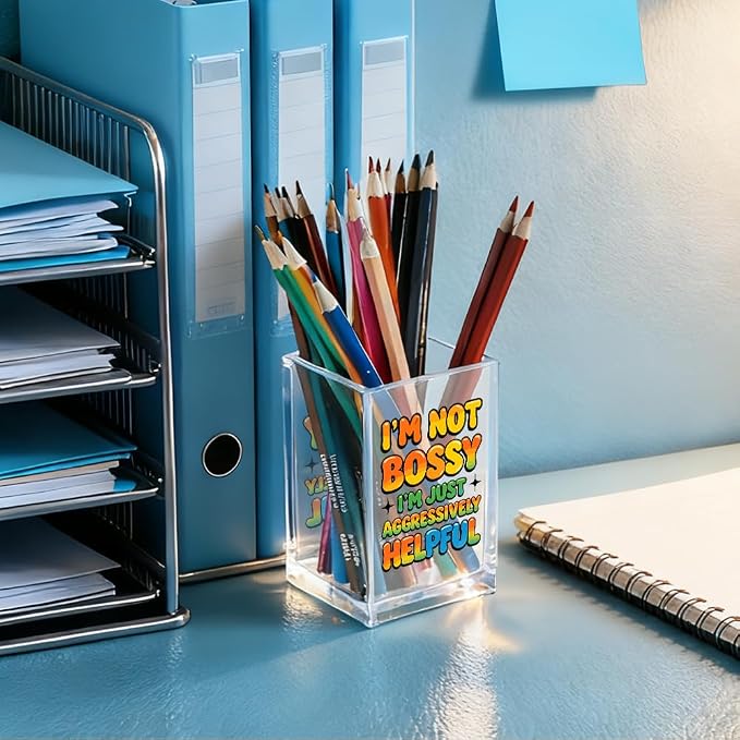 I'm Not Bossy I'm Just Aggressively Helpful Acrylic Pencil Holder Cup, Pen Holder for Home Office Desk Accessories for Women Leader Nurse Manager Boss, Funny Sarcastic Pen Organizer Work Gifts